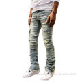 Custom Acid Wash Distressed Flare Stacked Jeans Pants